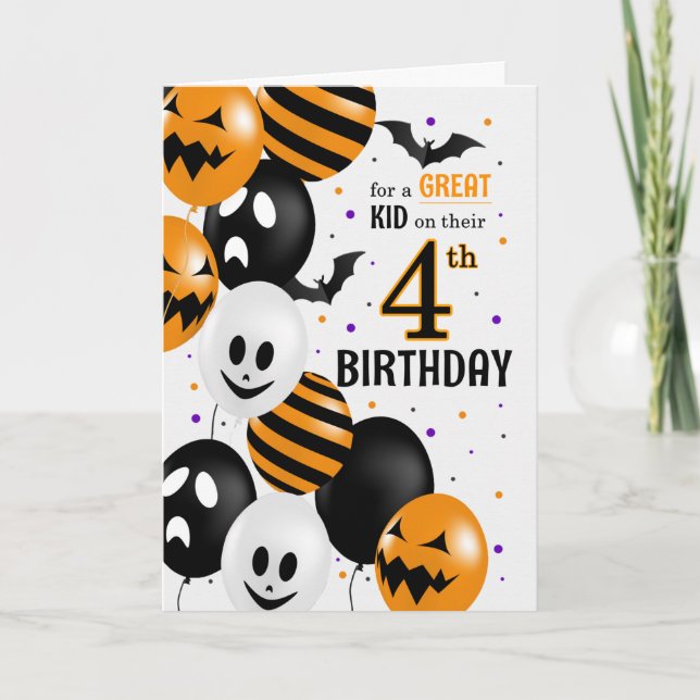 Child's 4th Birthday on Halloween Balloons Card (Front)