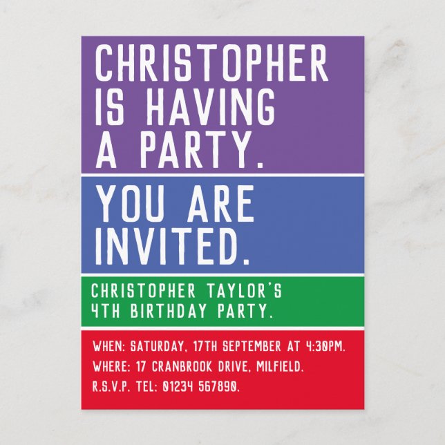 Child's 4th Birthday Party Invitation (Front)