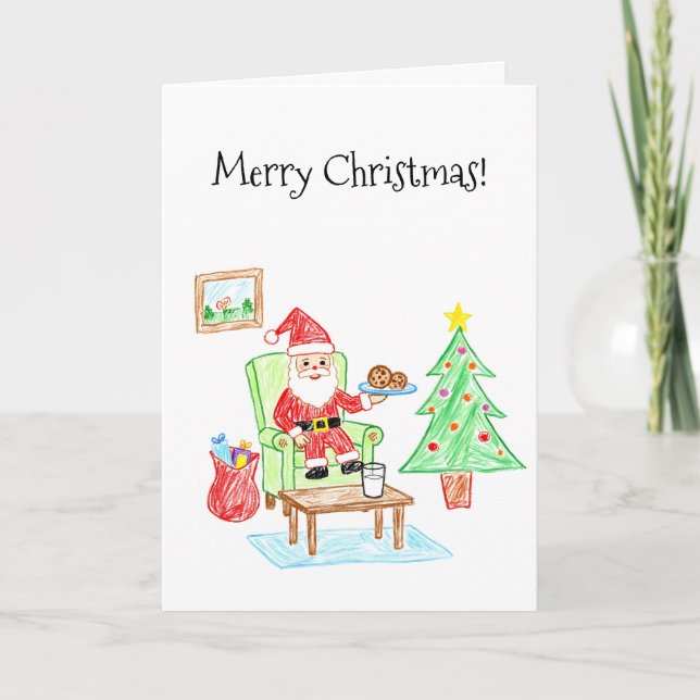 Child's Art Style Santa and Cookies Greeting Card (Front)