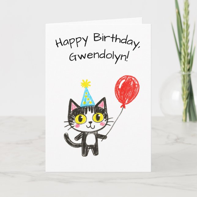 Child's Art Style Tuxedo Cat Birthday Card (Front)