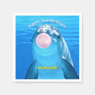Child's Birthday Cute Dolphin Blowing Bubble, Name Napkins