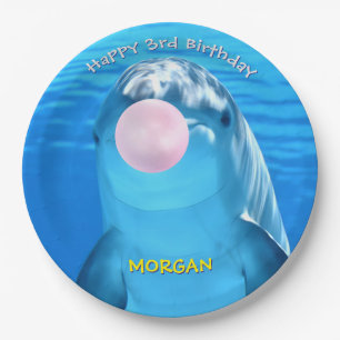 Child's Birthday Cute Dolphin Blowing Bubble, Name Paper Plates
