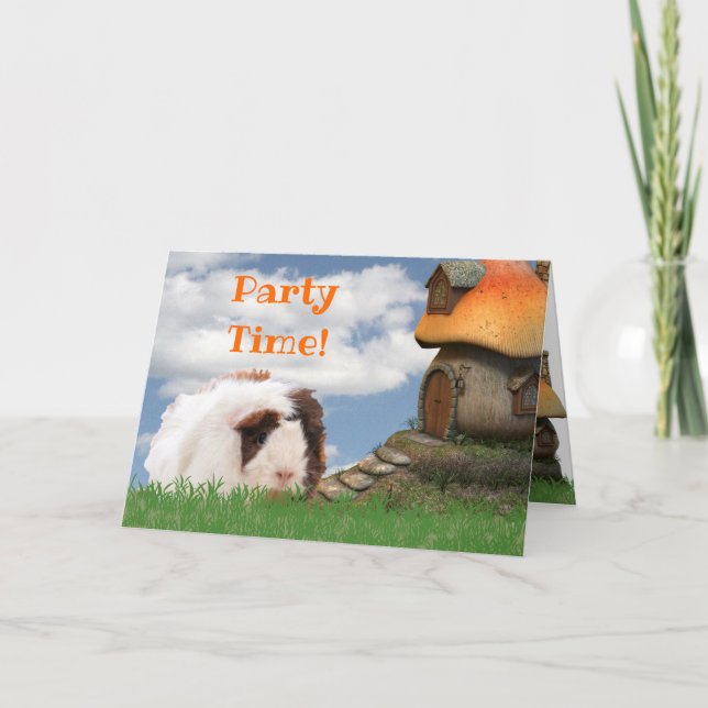Child's Birthday Party Guinea Pig Mushroom House Card (Front)