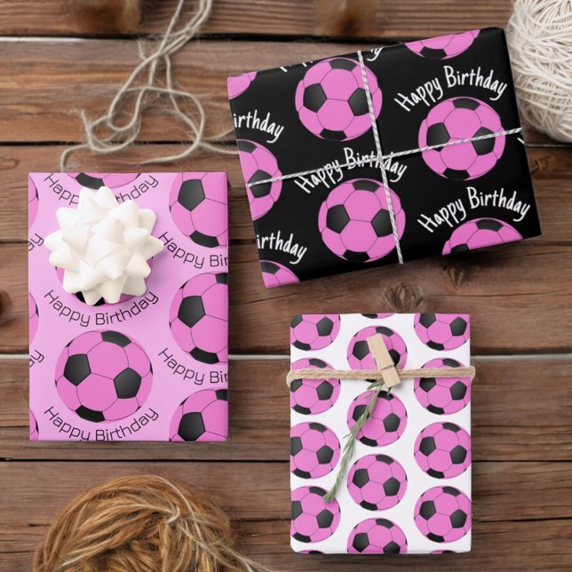 Child's Birthday Pink & Black Soccer Ball Wrapping Paper Sheets (Three 19" x 29" gift wrap sheets with soccer balls and template text.)