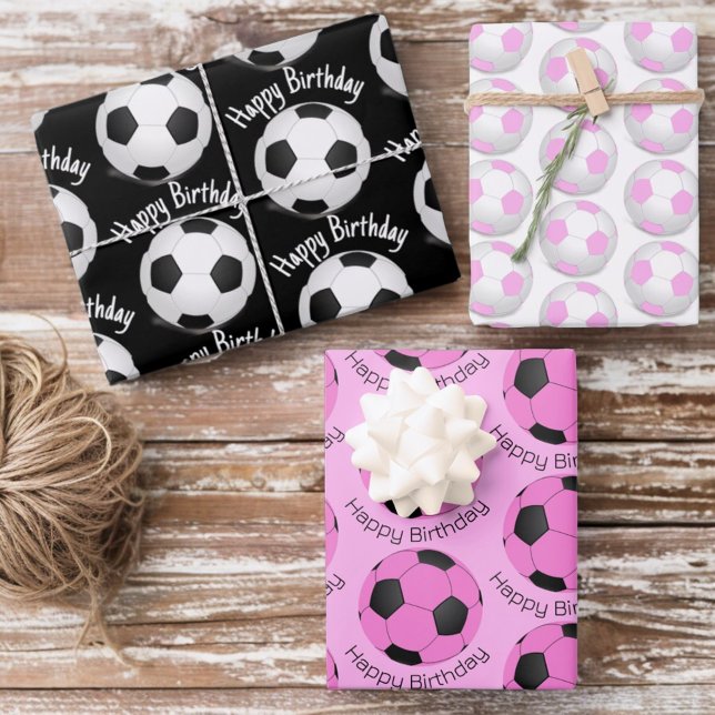 Child's Birthday Pink, White & Black Soccer Balls Wrapping Paper Sheets (three sheet 19" x 29" gift wrap)