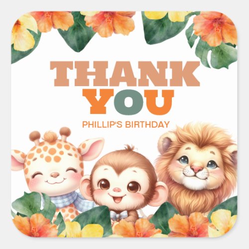 Childs Birthday Safari Lion Giraffe Monkey Thank  Square Sticker