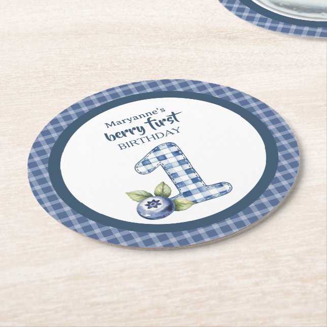 Child's Blueberry Berry First Birthday Round Paper Coaster (Angled)