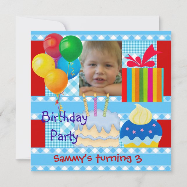 Child's Boy 3rd Birthday Party Blue Red Yellow Invitation (Front)