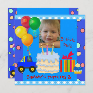 Child's Boy 3rd Birthday Party Blue Red Yellow Invitation