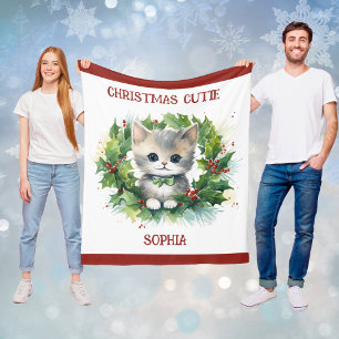 Child's Christmas Blanket With Kitten and Name 