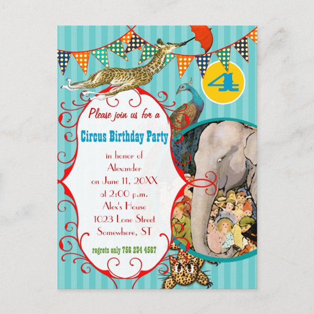 Child's Circus Elephant Peacock Giraffe Party Invitation Postcard (Front)