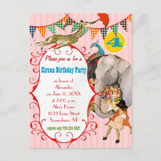 Child's Circus Elephant Peacock Giraffe Party Invitation Postcard