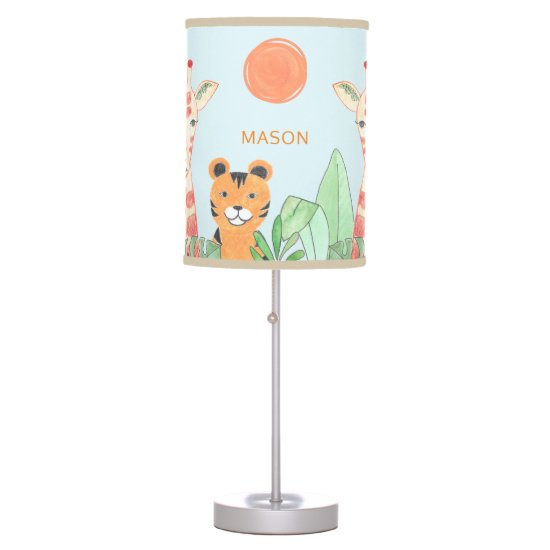 Child's Custom Name Jungle Animals Blue Nursery Table Lamp