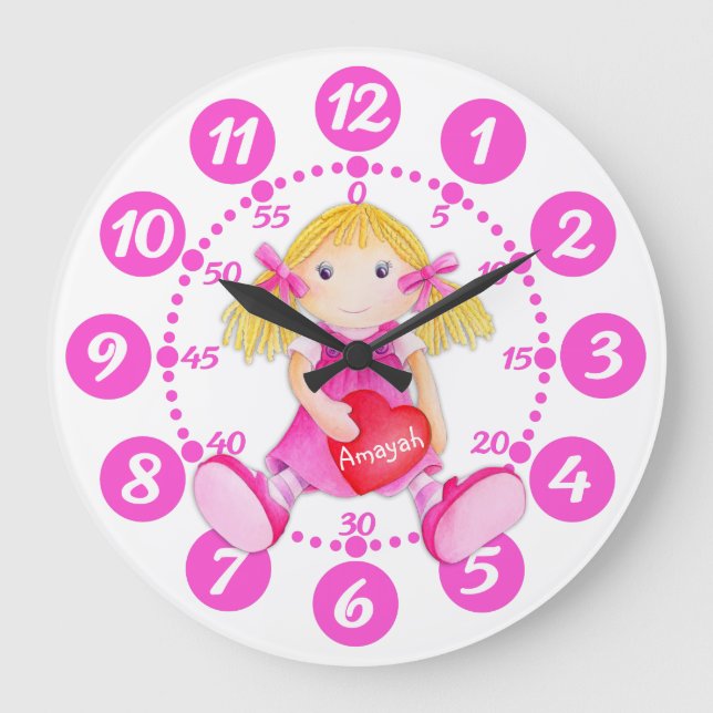 Child's cute rag doll heart art pink white clock (Front)