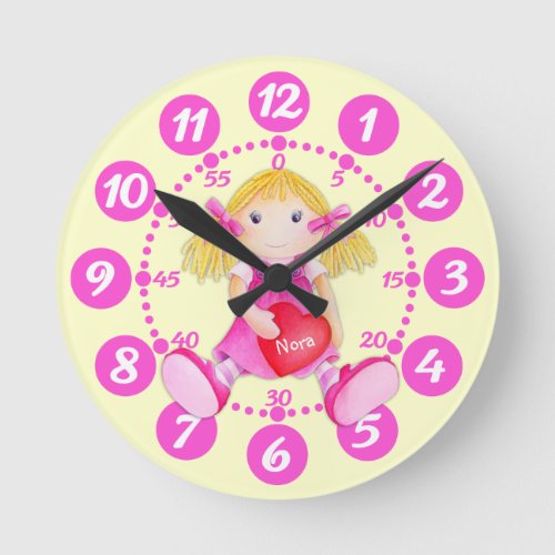 Childs cute rag doll heart art pink yellow clock