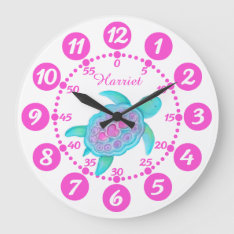 Child's Cute Turtle Heart Art Pink White Clock at Zazzle