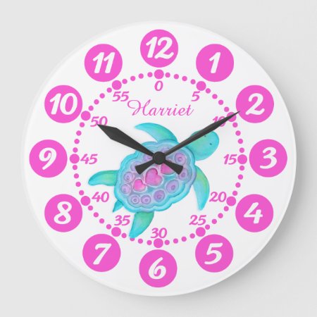 Child's Cute Turtle Heart Art Pink White Clock