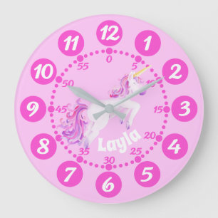 Child's cute unicorn art pink white clock