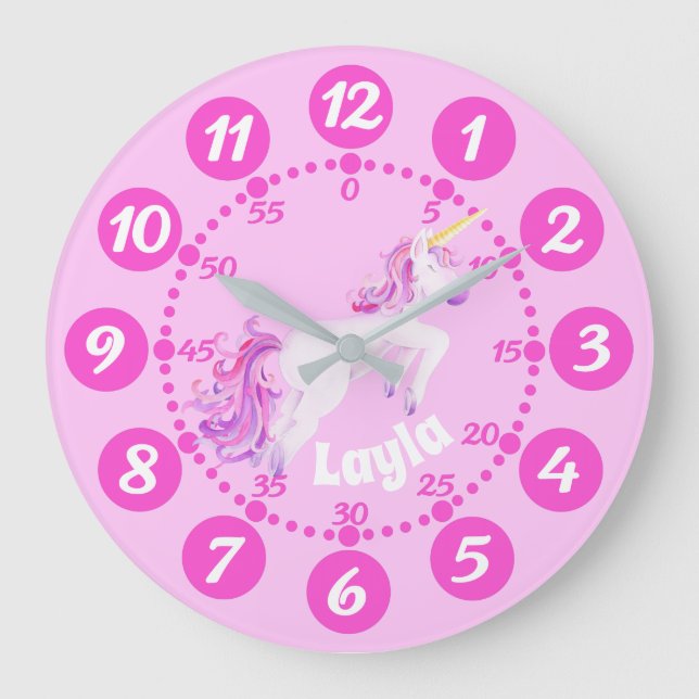 Child's cute unicorn art pink white clock (Front)