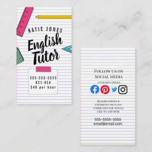 Childs English tutor home learning exams Business Card