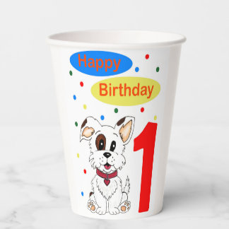 Child's First Birthday Cute Puppy and Colorfetti Paper Cups