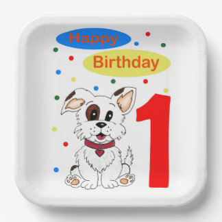 Child's First Birthday Cute Puppy and Colorfetti Paper Plates
