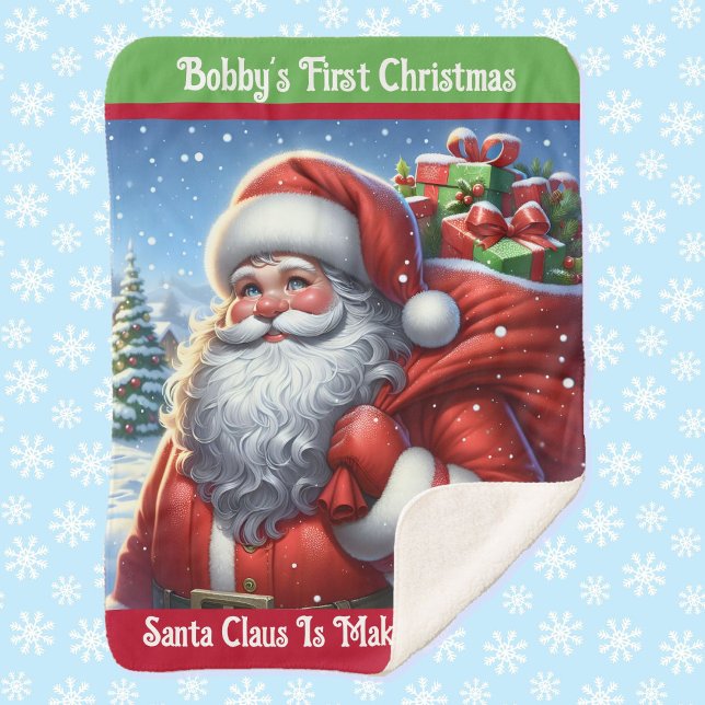 Child's First Christmas Santa Claus Custom Name Sherpa Blanket (Creator Uploaded)