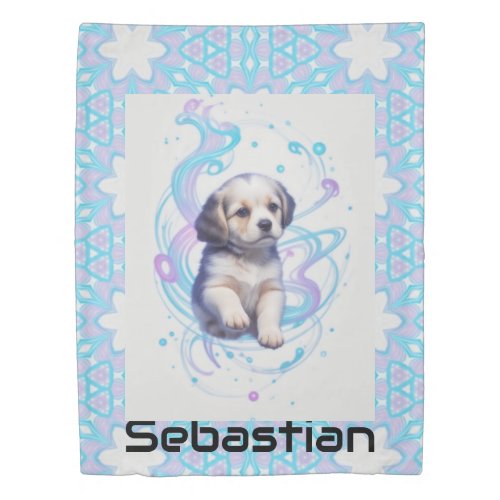 Childs Galaxy Blue Puppy with Border Duvet Cover