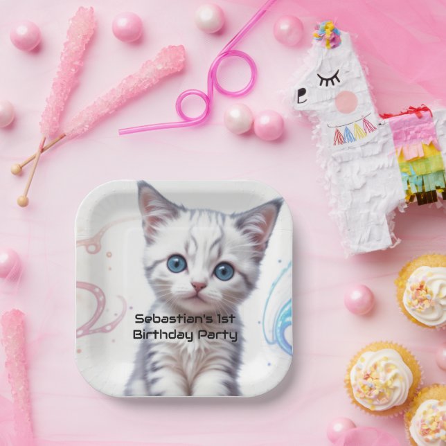 Child's Galaxy Blue Tinted Kitten Birthday,  Paper Plates (Party)