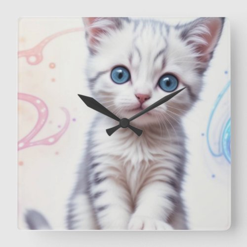 Childs Galaxy Blue Tinted Kitten Square Wall Clock