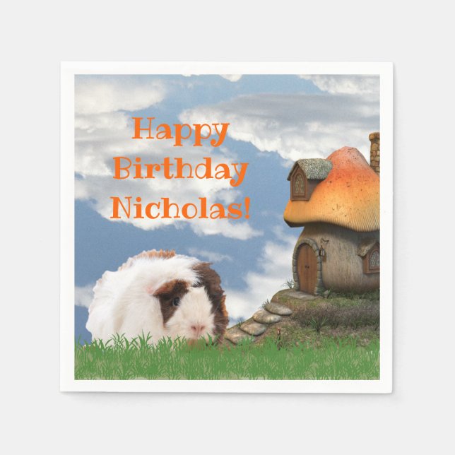 Child's Happy Birthday Guinea Pig Mushroom House Napkins (Front)