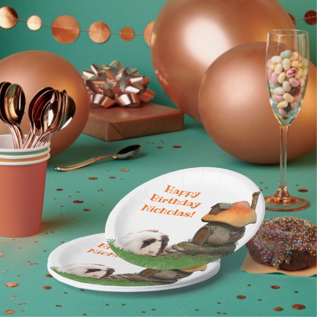 Child's Happy Birthday Guinea Pig Mushroom House Paper Plates (Multi)