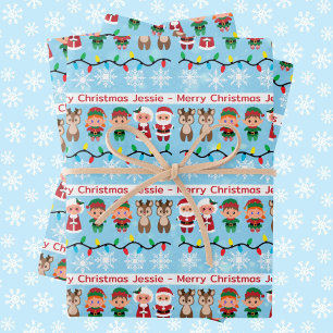 Childs' Name Cute Christmas Santa Reindeer Elves 3 Wrapping Paper Sheets