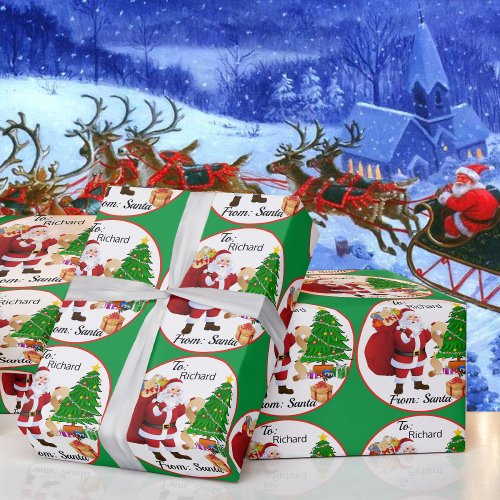 Childs NAME From Santa Claus Christmas Tree Green Wrapping Paper