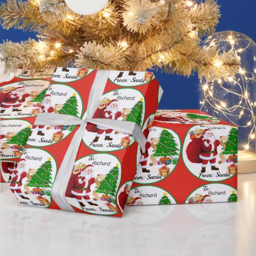 Childs NAME From Santa Claus Cute Christmas Tree Wrapping Paper