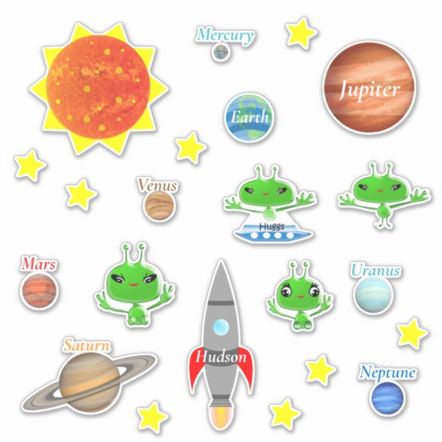 Childs Name Planets Aliens Spaceships Solar System Sticker (Front)
