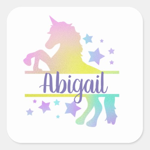 Childs Name Rainbow Pastel Unicorn Square Sticker