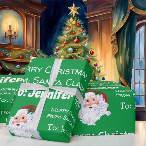 Childs Name Santa Christmas Green Gift Wrapping Paper