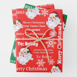 Child's Name Santa Christmas Red & Green 3 Gift Wrapping Paper Sheets