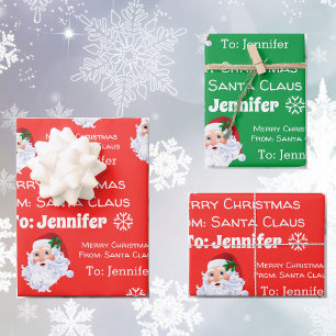 Child's Name Santa Christmas Red Green Gift Wrapping Paper Sheets