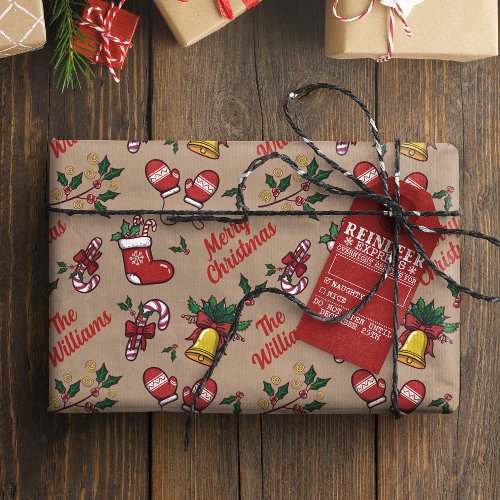 Childs Name Vintage Christmas Kraft Wrapping Pape Wrapping Paper