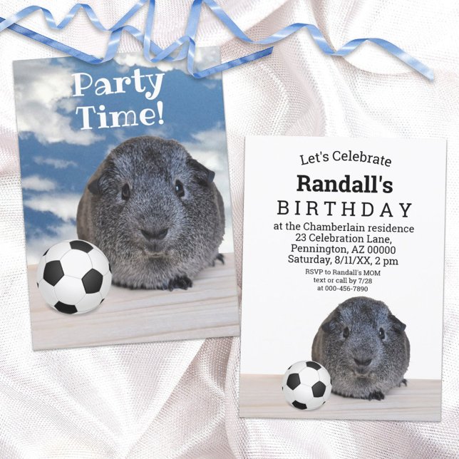 Child's Party Black White Guinea Pig Soccer Ball Invitation (Creator Uploaded)