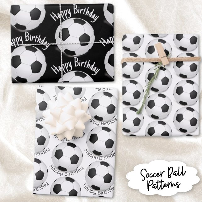 Child's Party Black & White Soccer Ball Pattern Wrapping Paper Sheets (Three sheets of black and white soccer ball patterns. Two with template text for any occasion.)