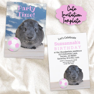 Child's Party Pink White Soccer Ball Guinea Pig  Invitation