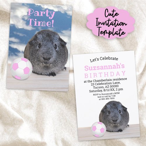 Childs Party Pink White Soccer Ball Guinea Pig  Invitation