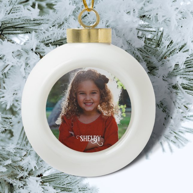 Child's Photo and Decorative Name Ceramic Ball Christmas Ornament (Creator Uploaded)