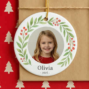 Child's Photo Holly Wreath Christmas 2025 Ceramic Ornament