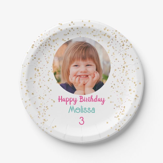 Child's Photo/Name/Age Happy B'day, Gold Stars Wht Paper Plates (Front)