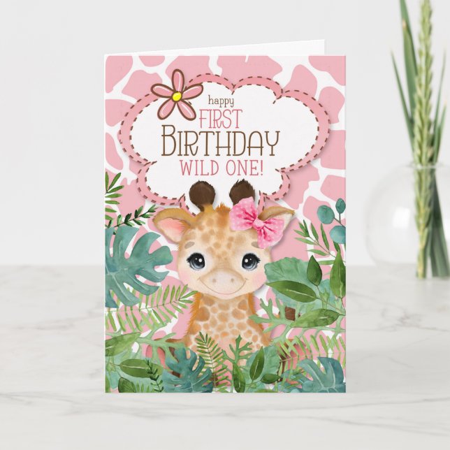 Child's Pink Jungle Giraffe Theme 1st Birthday Card (Front)