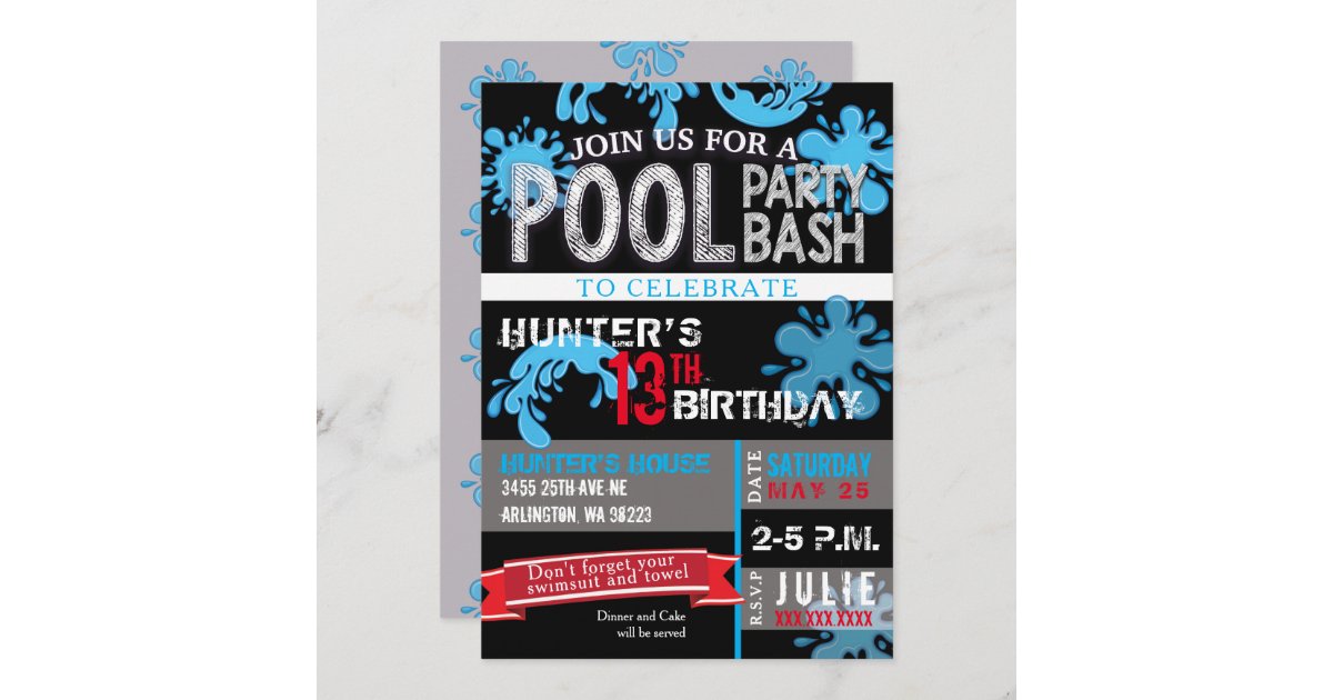 Childs Pool Party Bash Birthday Invitation
